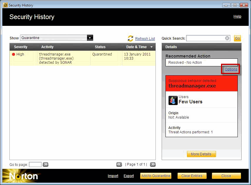 Norton Internet Security - Quarantine